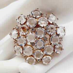 Vintage Clear Crystal Bezel Set Brooch Gold Tone Prong Setting Pin – 2”